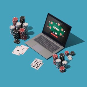 Playing Texas hold 'em poker online on a laptop, piles of chips and cards, isometric objects